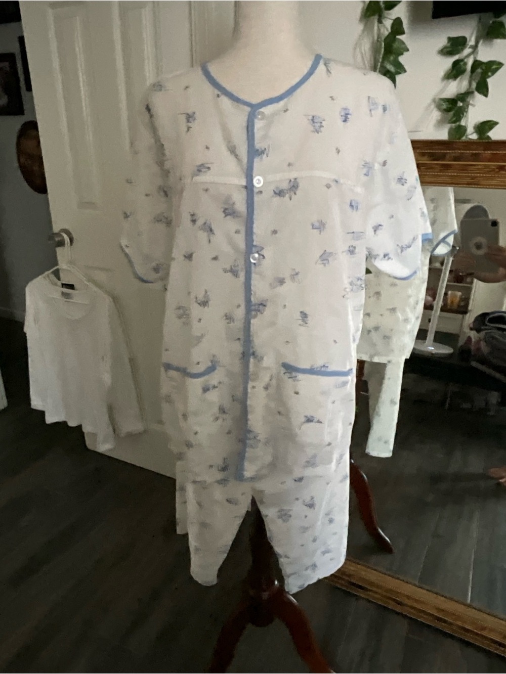 Children's White Pajama Set with Blue Trim and All-Over Print
